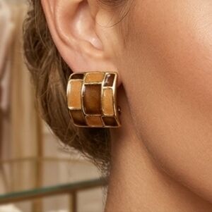 Vintage Clip On Gold and Brown Geometric Earrings